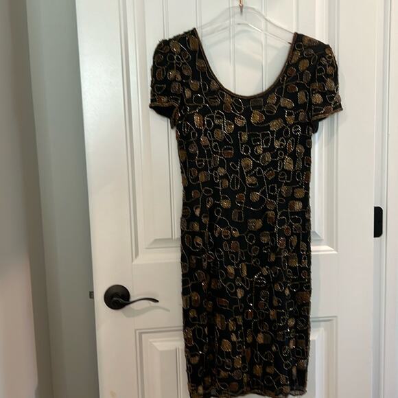 NEW Adrianna SILK Papell Evening Cocktail Black Gold Sequin Dress 4 Black Tie - Picture 1 of 16